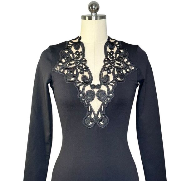 Dress the Population Black Long Sleeve Embroidered Neckline Mini Cocktail Dress| - Picture 7 of 8